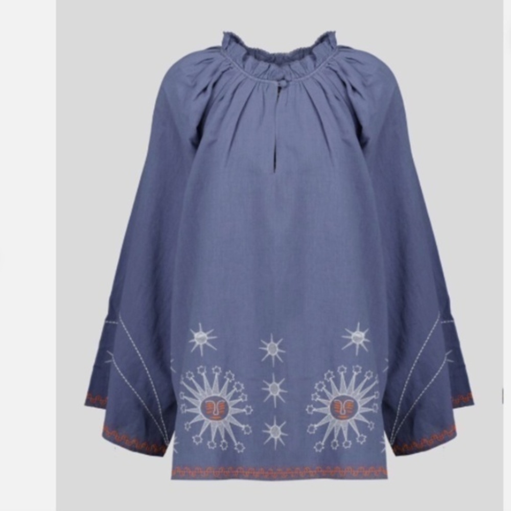 Chufy Sundance Aero Blue Embroidered Peasant Blouse Top Nwt XS